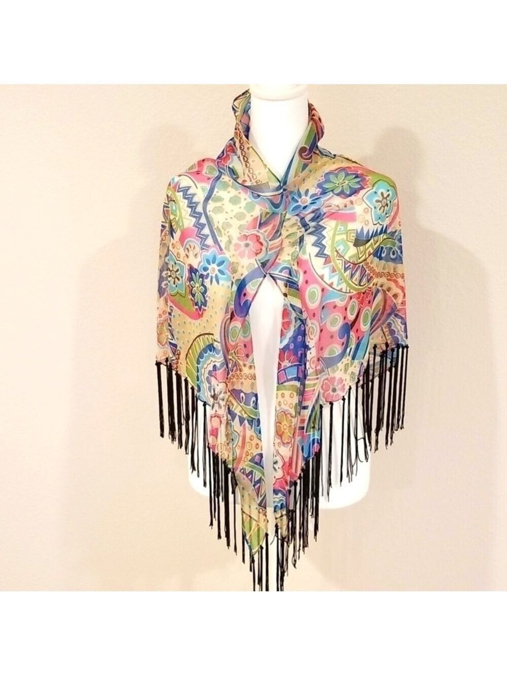 Floral fringed shawl,wrap one size,polyester. - Picture 1 of 7
